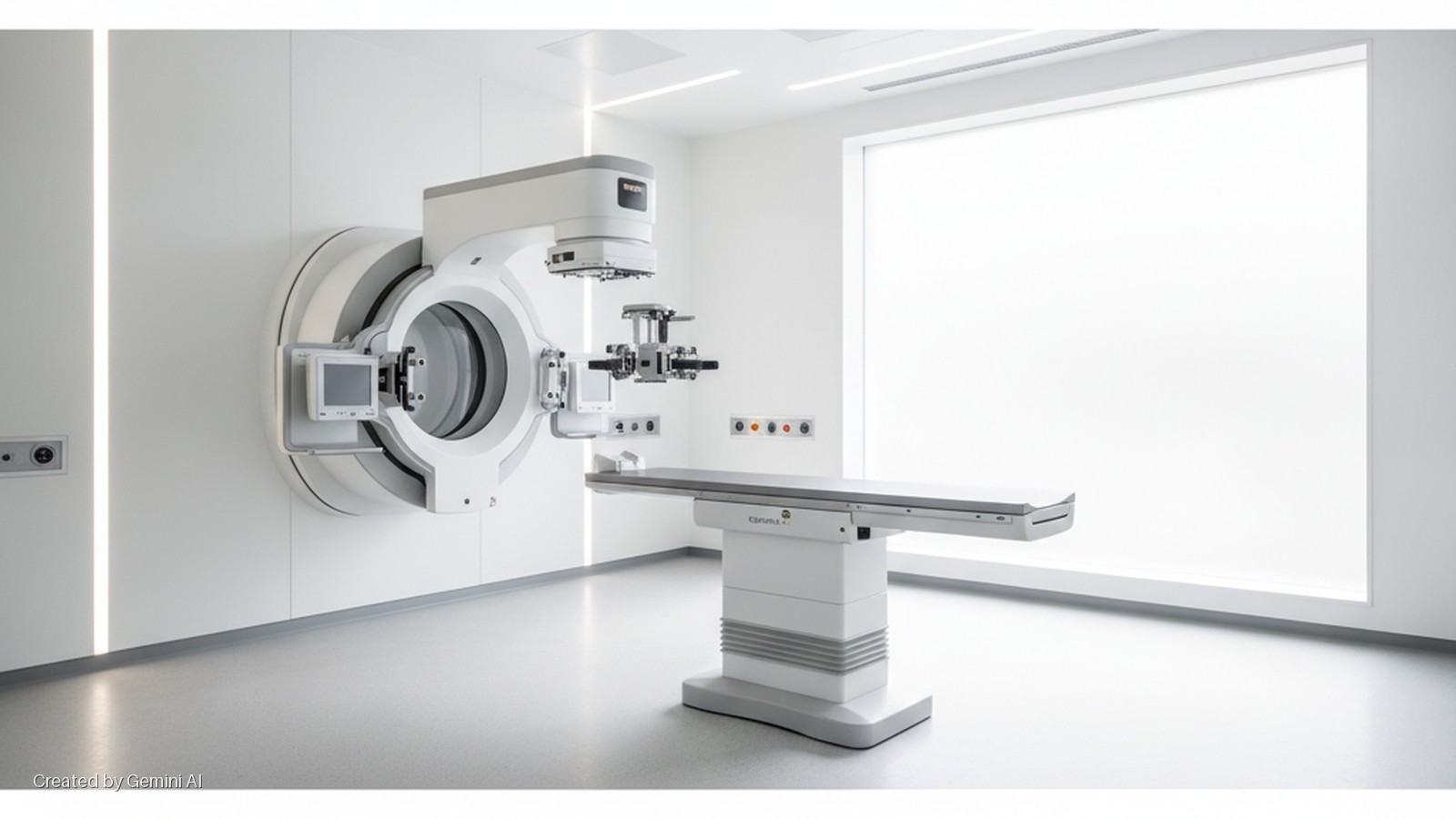 A brightly lit, modern medical operating room features a large white wall-mounted surgical laser system, a gray patient table branded "Catarus", integrated strip lighting, and a large window.