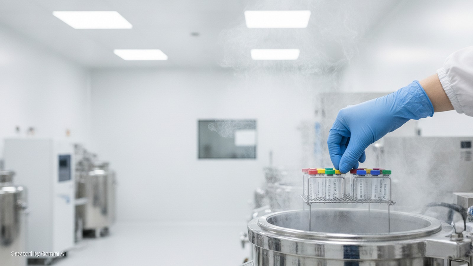 A gloved hand places vials with colored caps into a steaming metal cryogenic storage tank in a brightly lit, white-walled laboratory with overhead rectangular lights and scientific equipment.