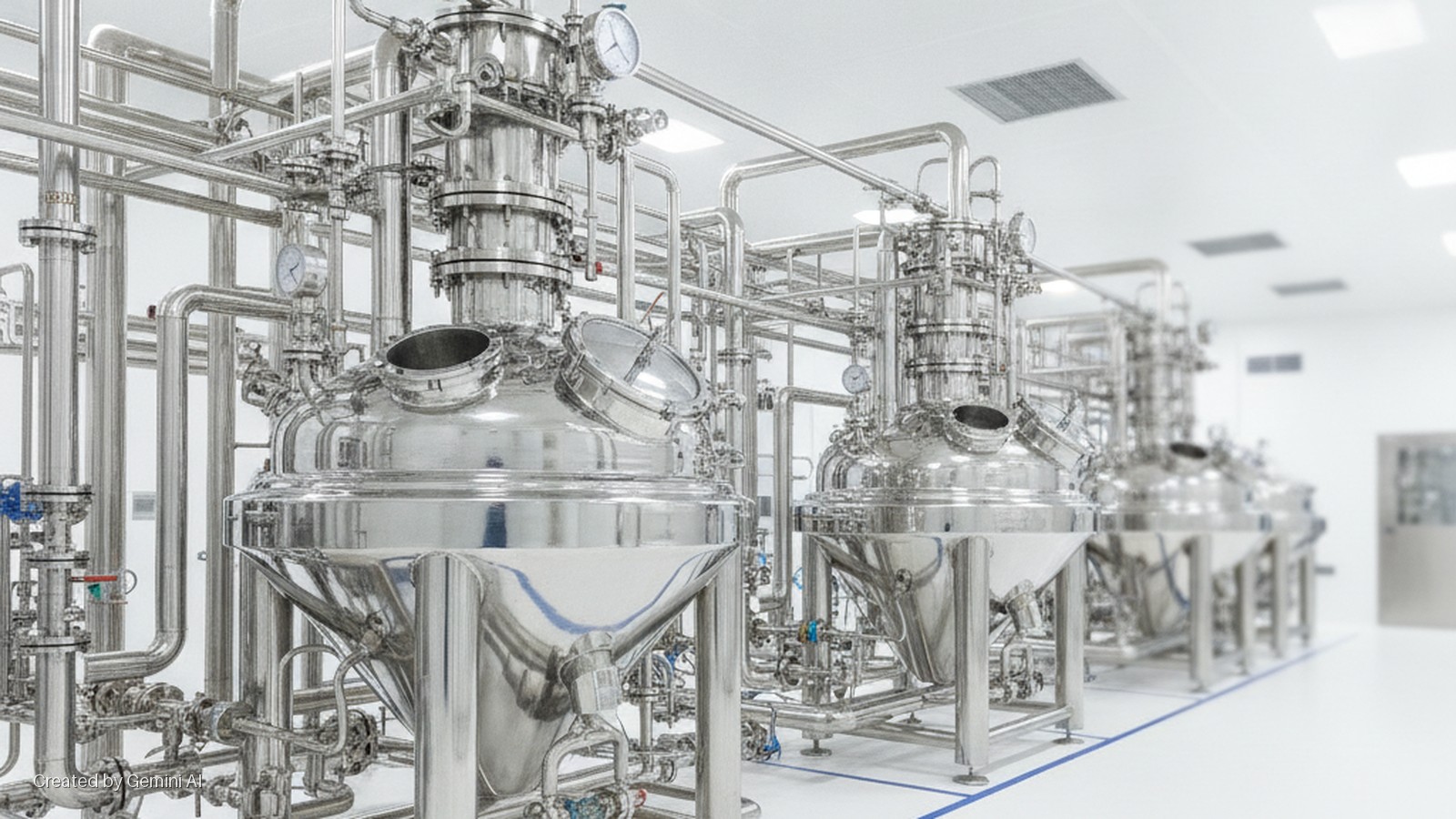Gleaming stainless steel industrial processing vessels and intricate piping systems in a brightly lit, sterile manufacturing facility.