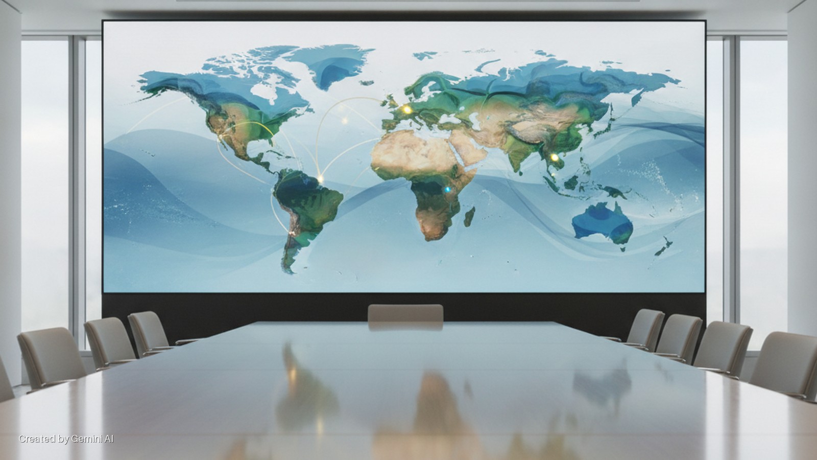 A modern, bright conference room features a wide screen displaying a world map with highlighted cities and glowing connection lines, a long reflective table, and numerous chairs, flanked by large windows.