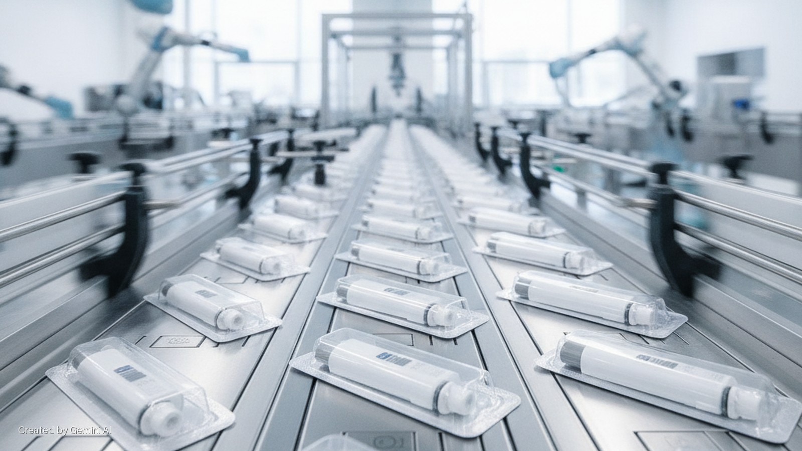Rows of white devices in clear blister packaging move along a stainless steel conveyor belt in a brightly lit, clean manufacturing facility, with robotic arms blurred in the background.