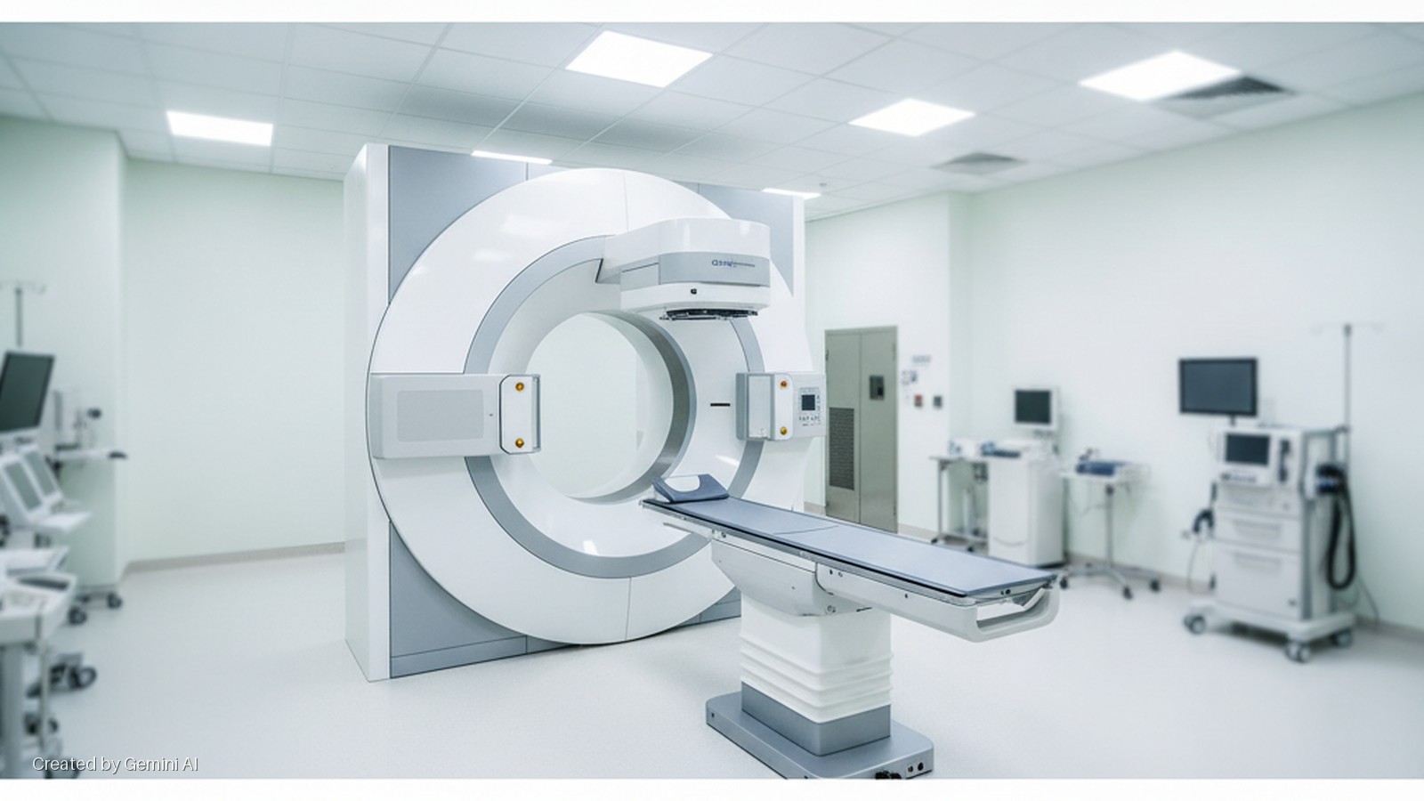 A brightly lit, sterile medical room contains a large, modern medical imaging machine with an adjustable patient table, surrounded by various diagnostic equipment on mobile carts.