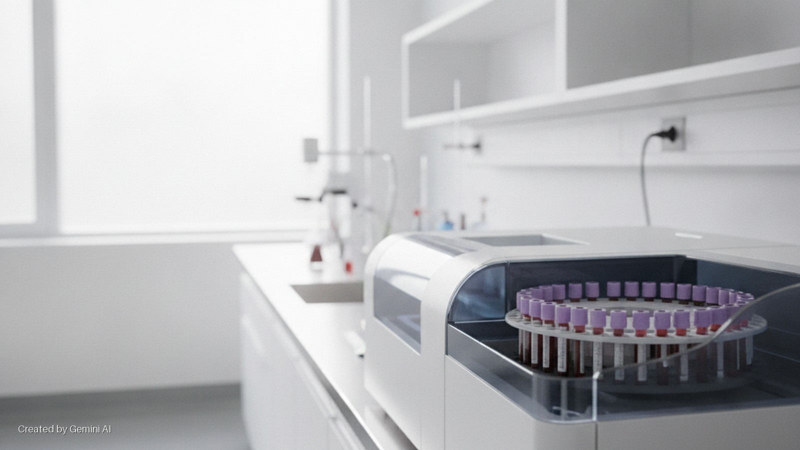 A brightly lit medical laboratory features an analyzer with a circular tray holding numerous blood sample tubes, alongside a window and shelves with glassware.