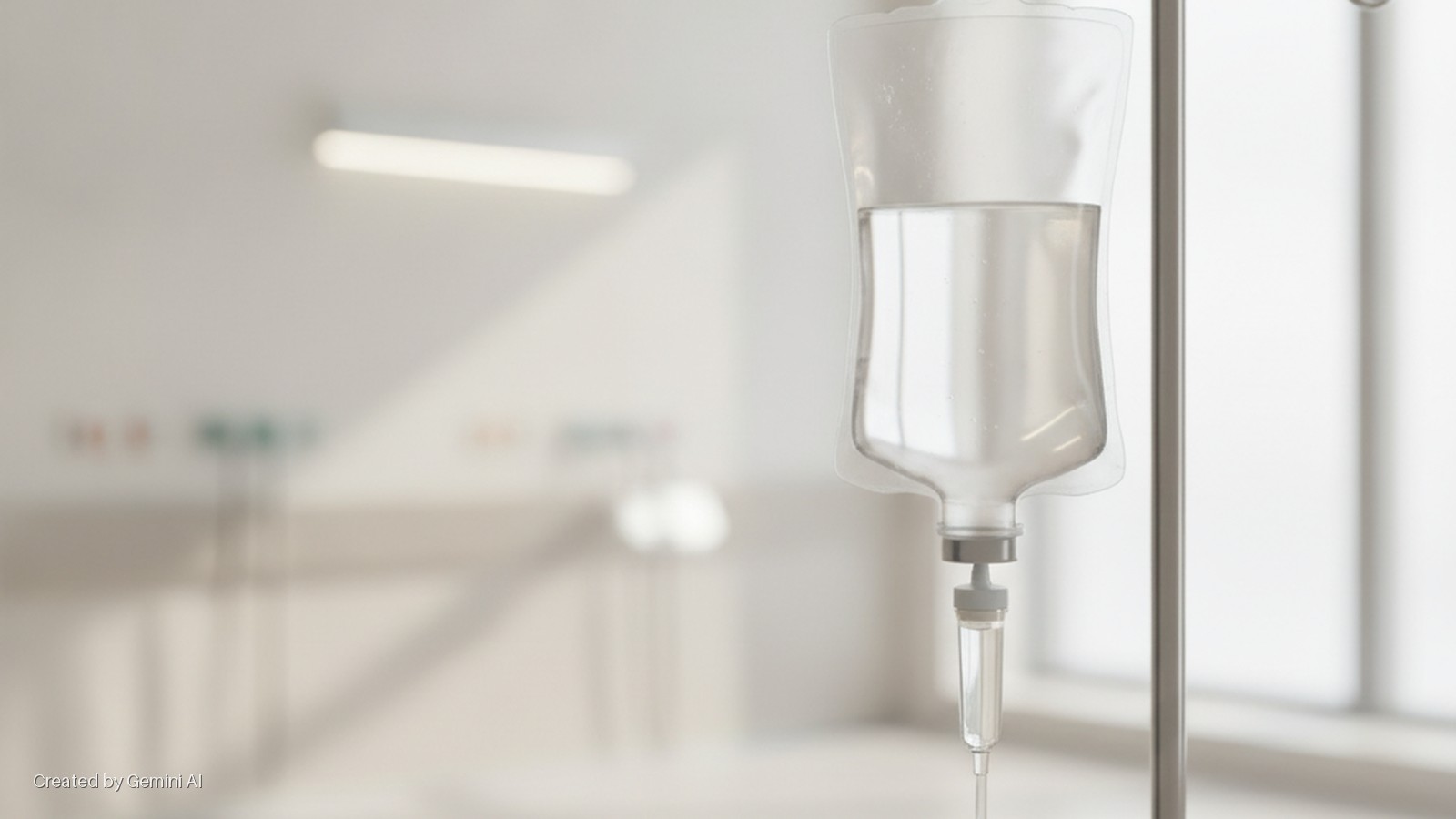 A partially full IV bag hangs on a metal pole in a brightly lit hospital room, with a blurred ceiling light and medical equipment visible in the background.