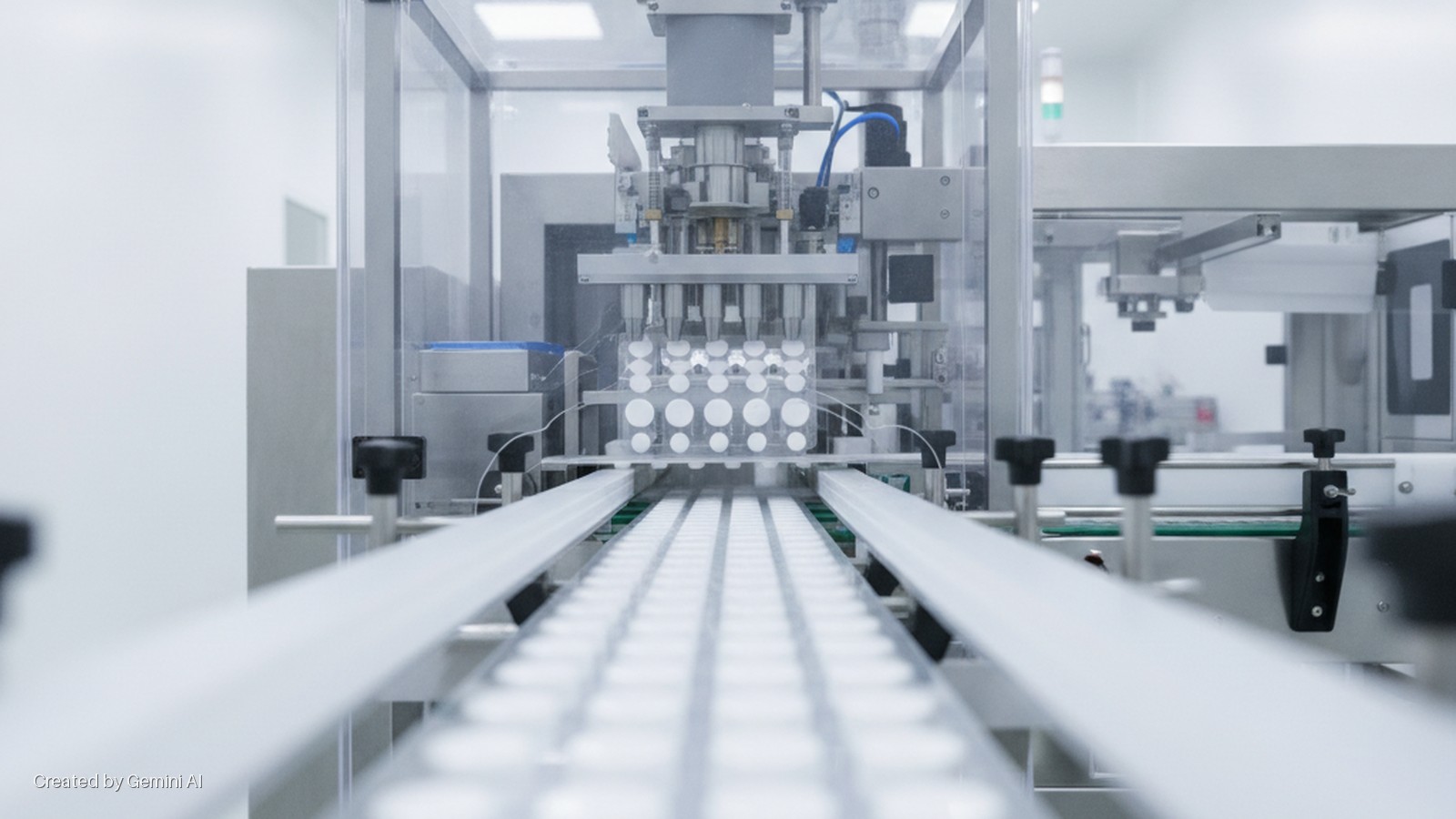 A brightly lit automated machine in a sterile manufacturing facility processes rows of white-capped vials on a conveyor belt, visible through a clear protective enclosure.