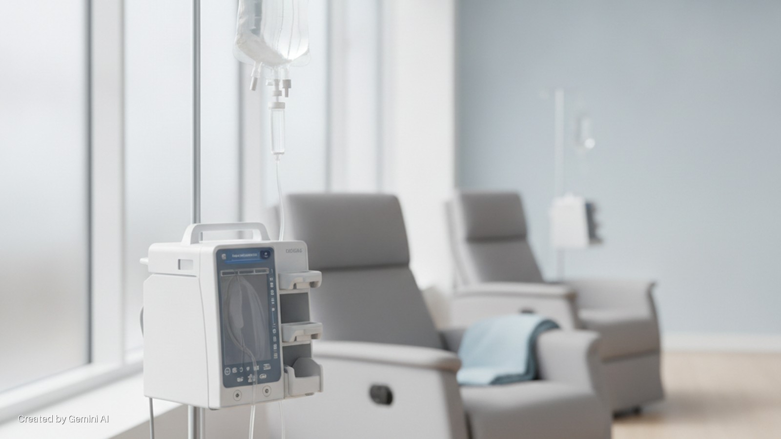 A bright medical treatment room features a white IV infusion pump with an IV bag hanging above, multiple grey recliner chairs, and large windows providing natural light.
