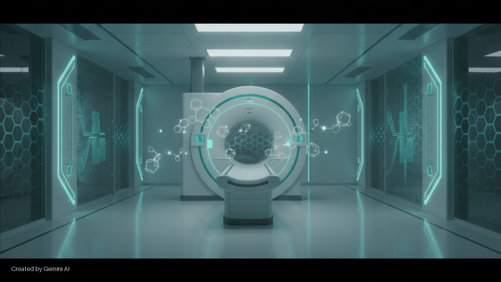 A bright, high-tech medical scanning room features a central MRI machine and patient table, flanked by glowing teal wall panels with honeycomb and circuit designs, and surrounded by floating holographic molecular structures.