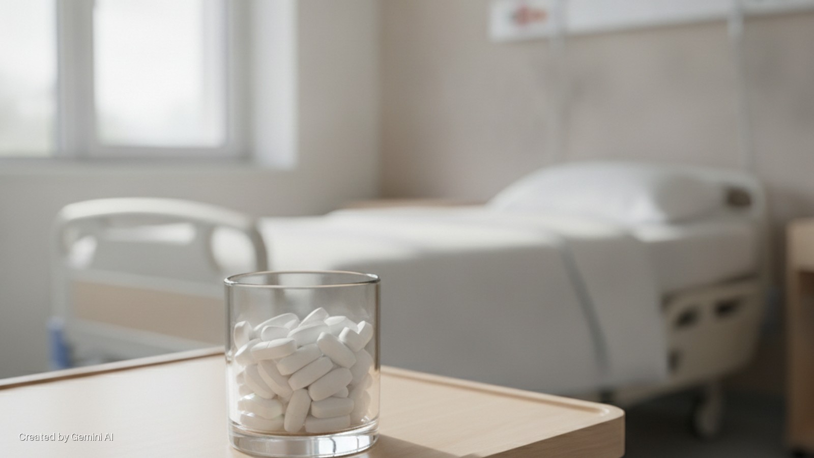 A glass filled with white pills sits on a wooden bedside table in a brightly lit hospital room with a bed and window in the blurred background.