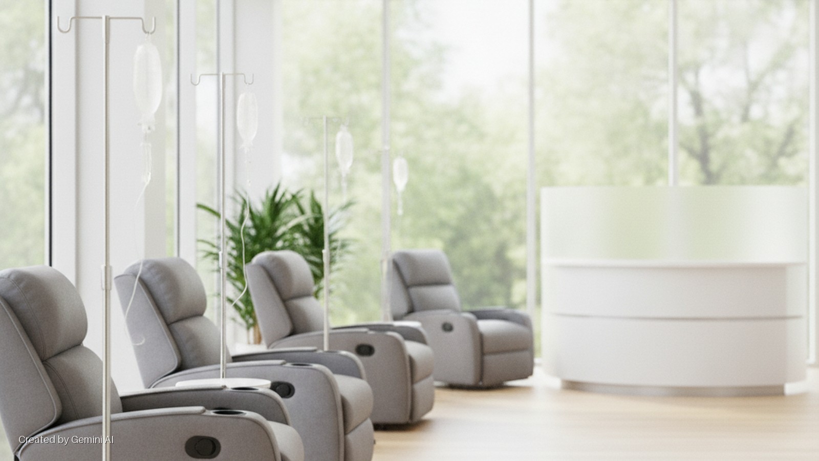 A brightly lit medical infusion room features several gray reclining chairs with IV stands and bags, a potted plant, and a white curved reception desk against a backdrop of large windows.
