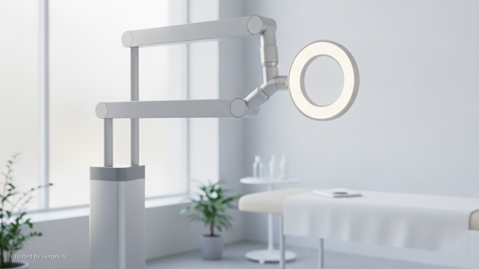 A brightly lit, minimalist medical or treatment room features a large, multi-jointed white examination lamp with a glowing ring light, a white examination table, a small side table with bottles, and two potted plants, illuminated by natural