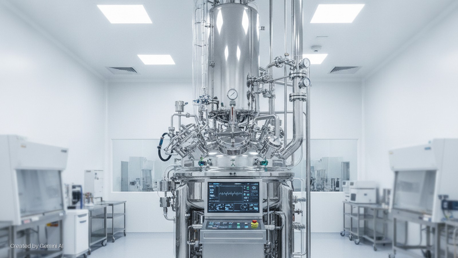 A brightly lit cleanroom laboratory houses a large stainless steel bioreactor with a digital control panel displaying graphs, flanked by laboratory fume hoods and rolling carts.