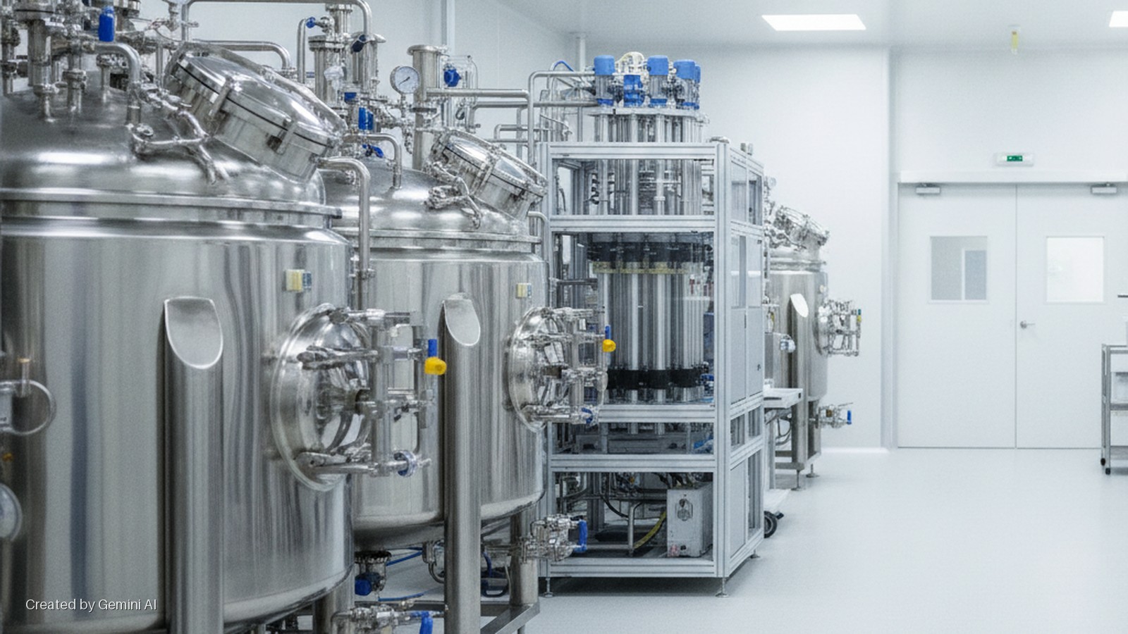 A sterile cleanroom contains large stainless steel bioreactors with intricate piping and valves, modular processing equipment, and white double doors, all brightly illuminated by overhead lighting.