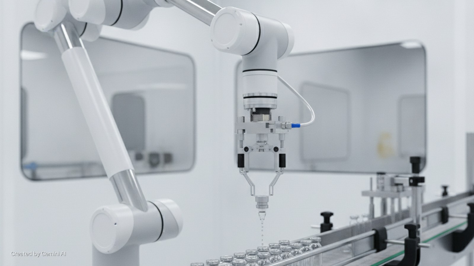 A white robotic arm fills small vials on a conveyor belt in a brightly lit cleanroom manufacturing facility.
