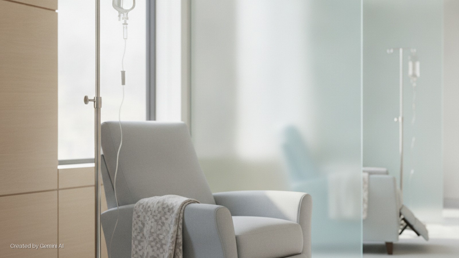 A bright, modern medical room features a light grey recliner chair draped with a patterned blanket, an IV pole holding a fluid bag, and wooden wall panels, with a frosted glass partition revealing another recliner and IV pole beyond.