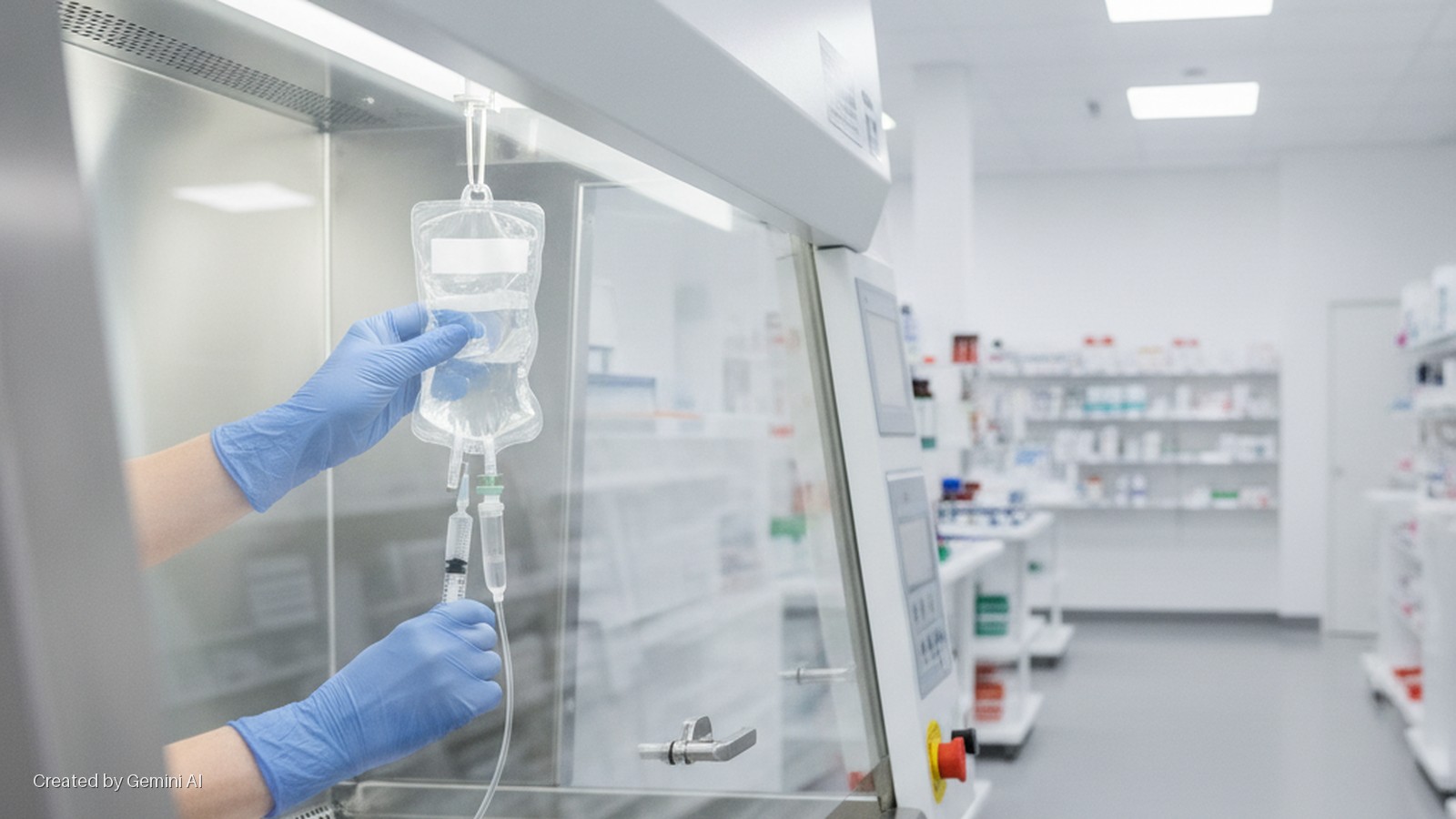 Gloved hands prepare an IV bag and syringe inside a sterile compounding hood, with shelves of medical supplies visible in the brightly lit laboratory background.