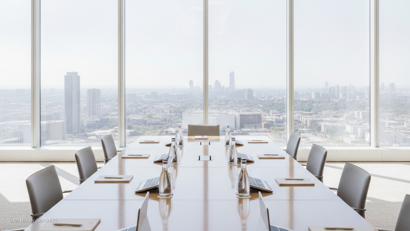 A brightly lit conference room features a long meeting table surrounded by chairs, set with water bottles and notepads, facing floor-to-ceiling windows with a hazy city skyline beyond.