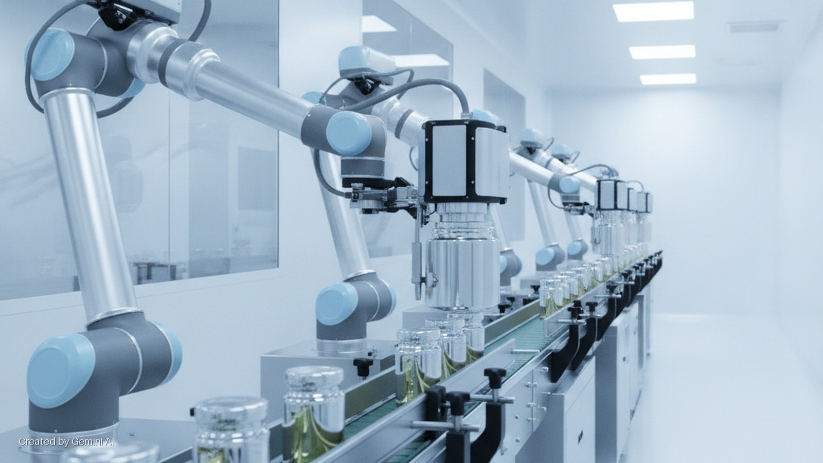 A brightly lit, sterile clean room with multiple collaborative robotic arms processing glass vials containing yellow liquid on a conveyor belt, illuminated by rectangular overhead lights.