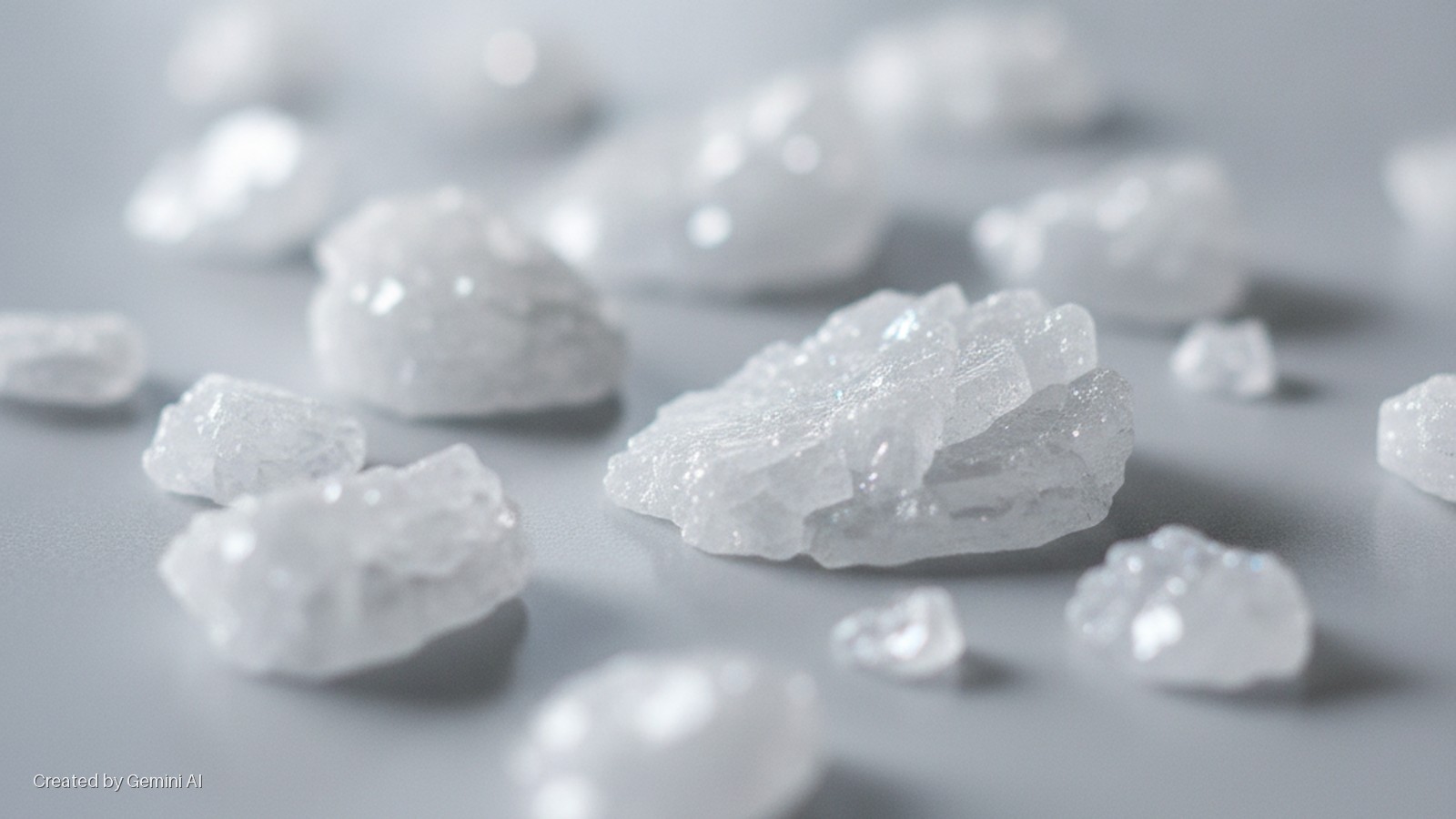 Numerous irregular white crystals are scattered on a light gray surface, illuminated by bright light creating specular highlights and soft shadows.