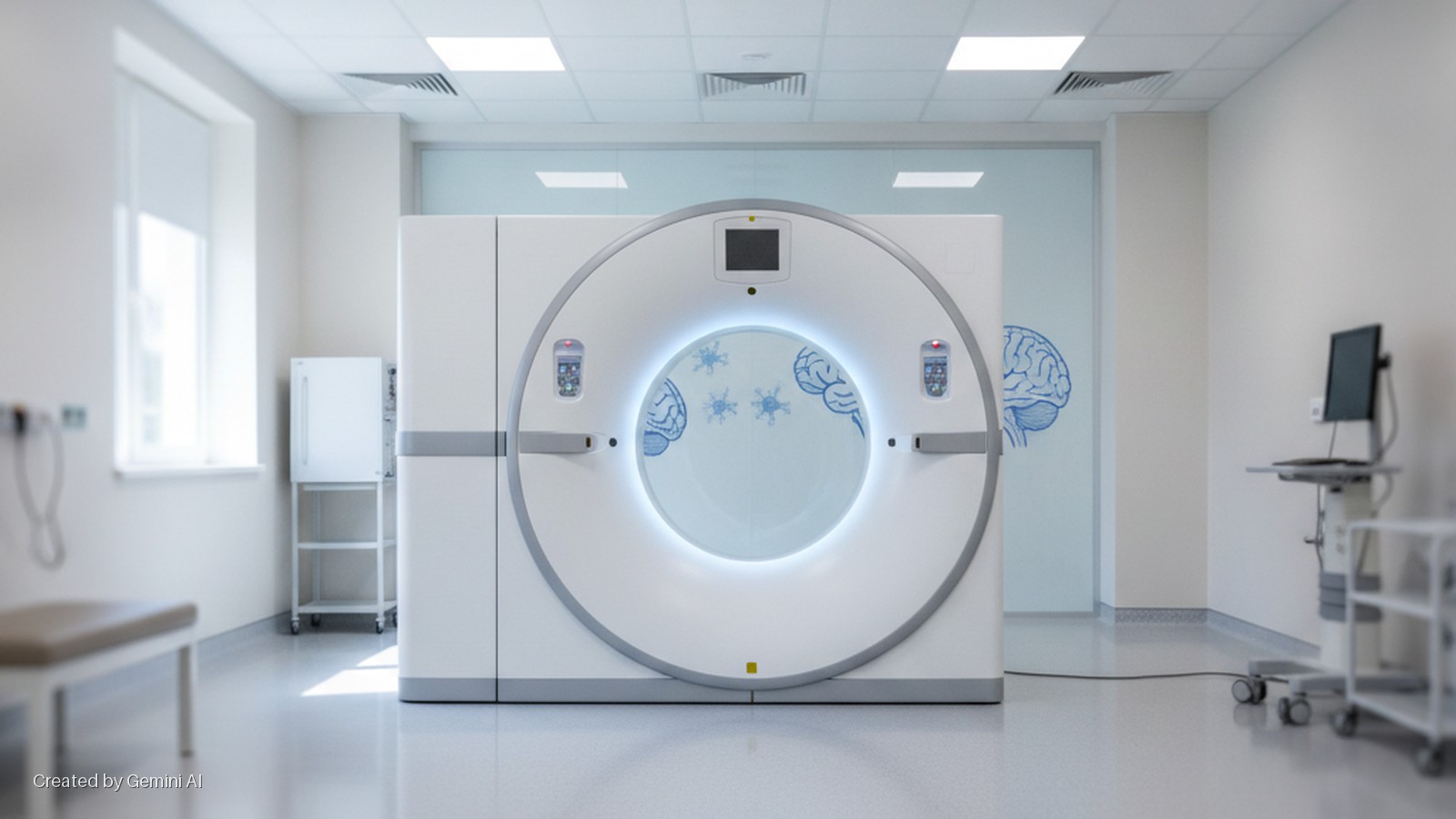 A brightly lit, clean medical examination room features a large CT scanner with blue brain and neuron illustrations on its glowing gantry, a computer monitor on a rolling cart, a medical bench, and a window.