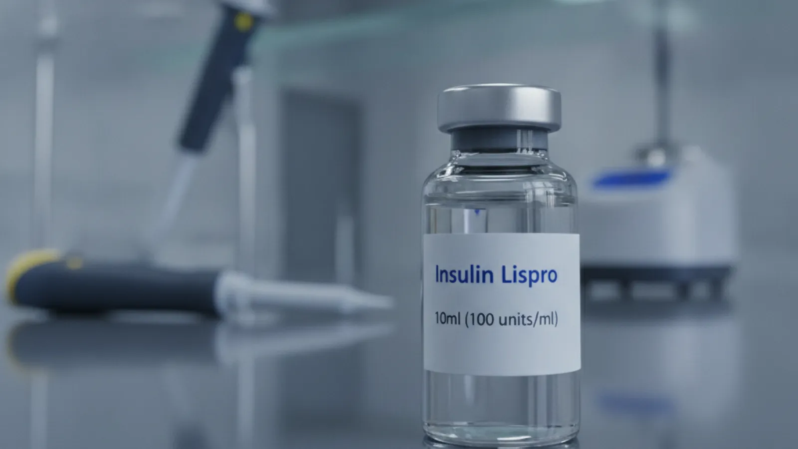 glass vial with insulin on a lab bench