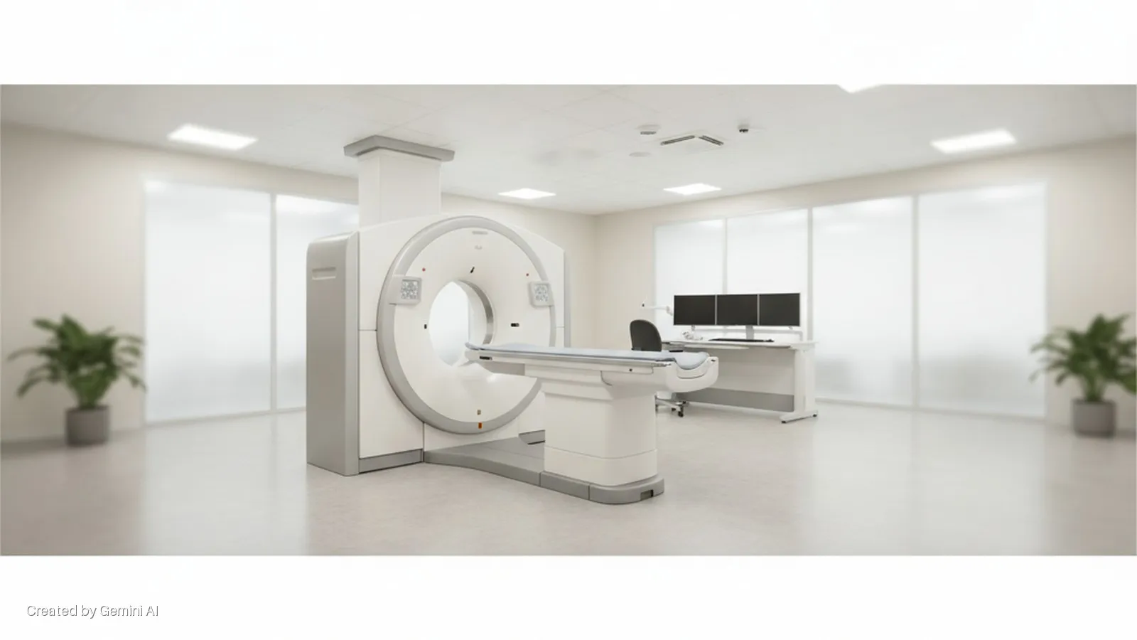 A brightly lit medical imaging room features a CT scanner with a patient table, a control desk with three monitors, an office chair, and two potted plants.