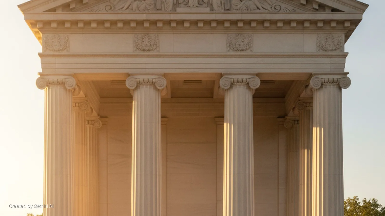 The front portico of a neoclassical building features Ionic columns, a decorative frieze, and a pediment, all illuminated by warm golden hour sunlight casting distinct shadows.