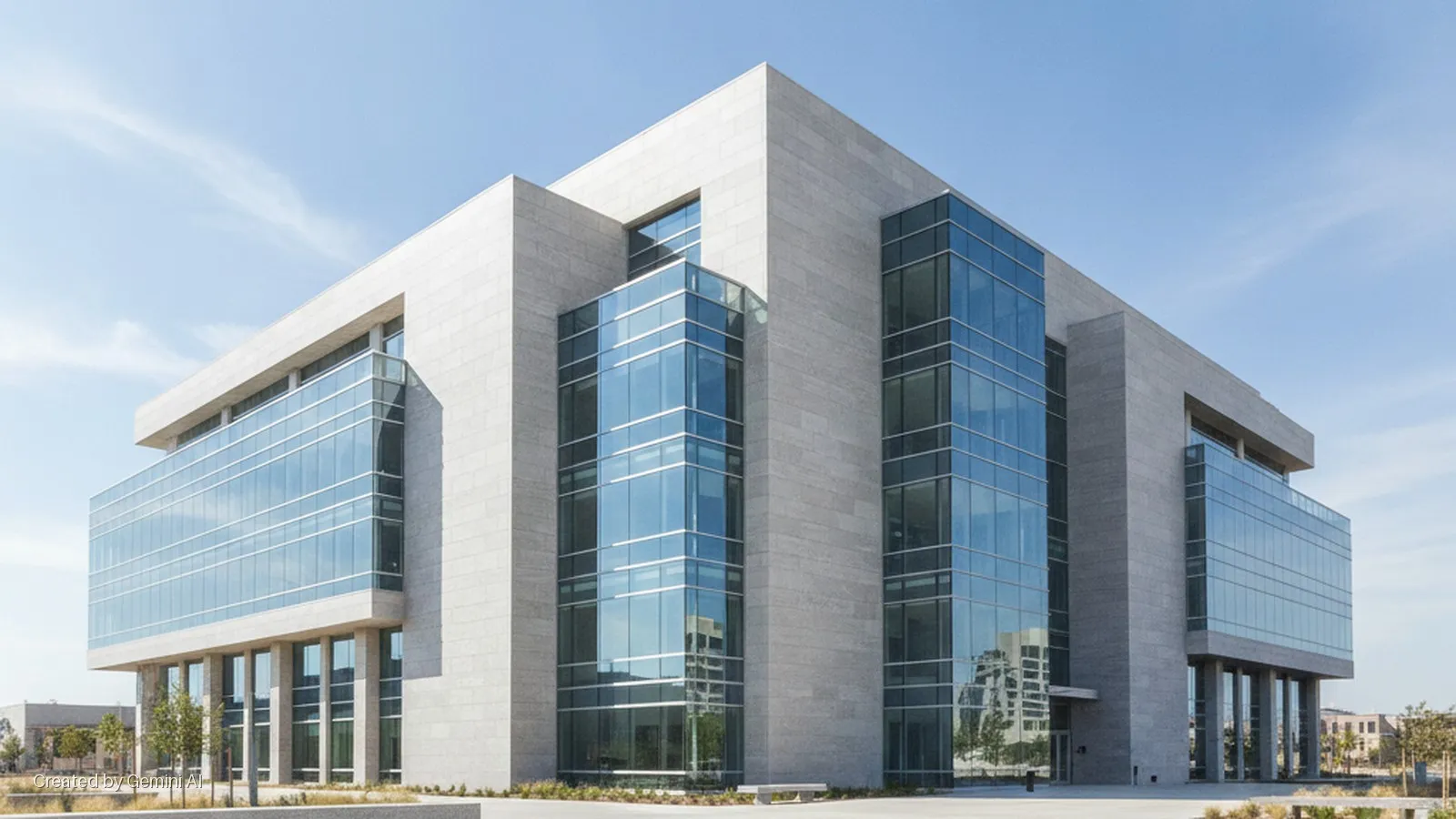 A contemporary multi-story building featuring grey stone and extensive reflective blue glass facades, set outdoors under a bright, clear blue sky.
