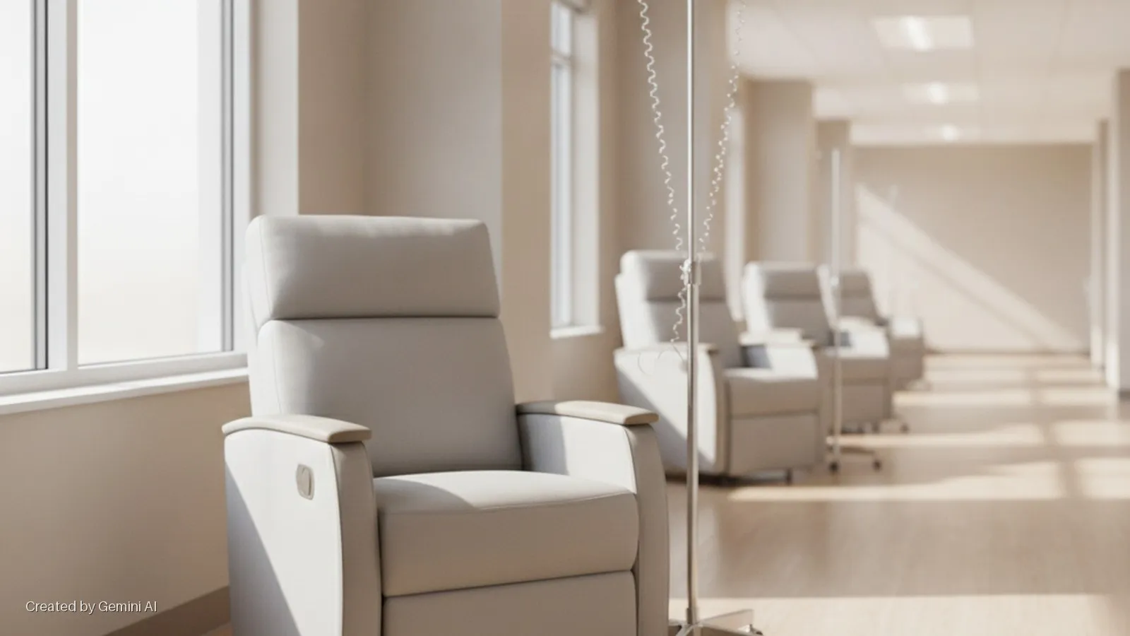A row of light grey reclining chairs and IV poles are situated in a brightly lit medical infusion room with large windows.