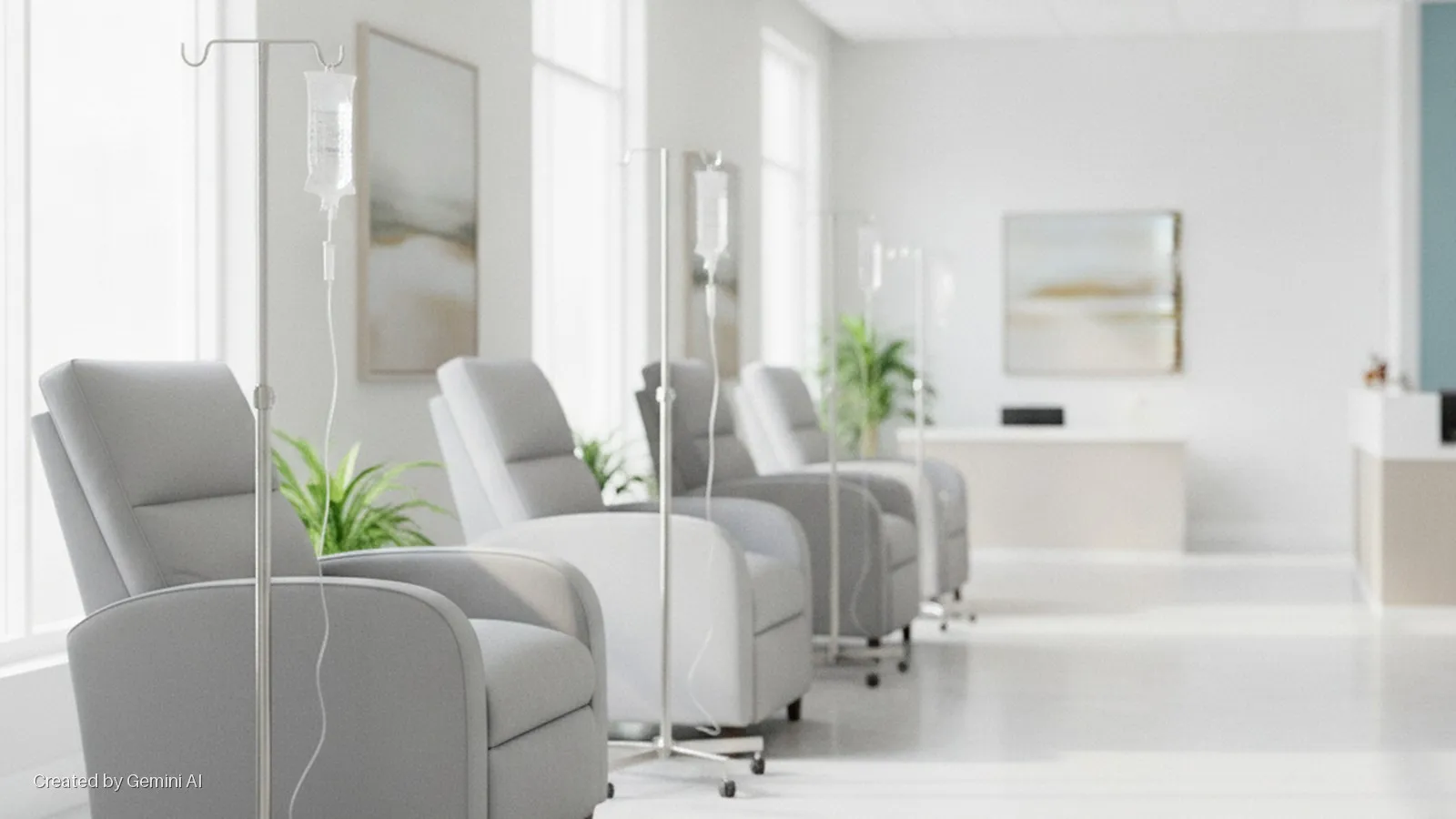 A bright medical infusion room features a row of grey recliners, each with an IV pole and fluid bag, complemented by potted plants, wall art, and light-colored counters in the background.
