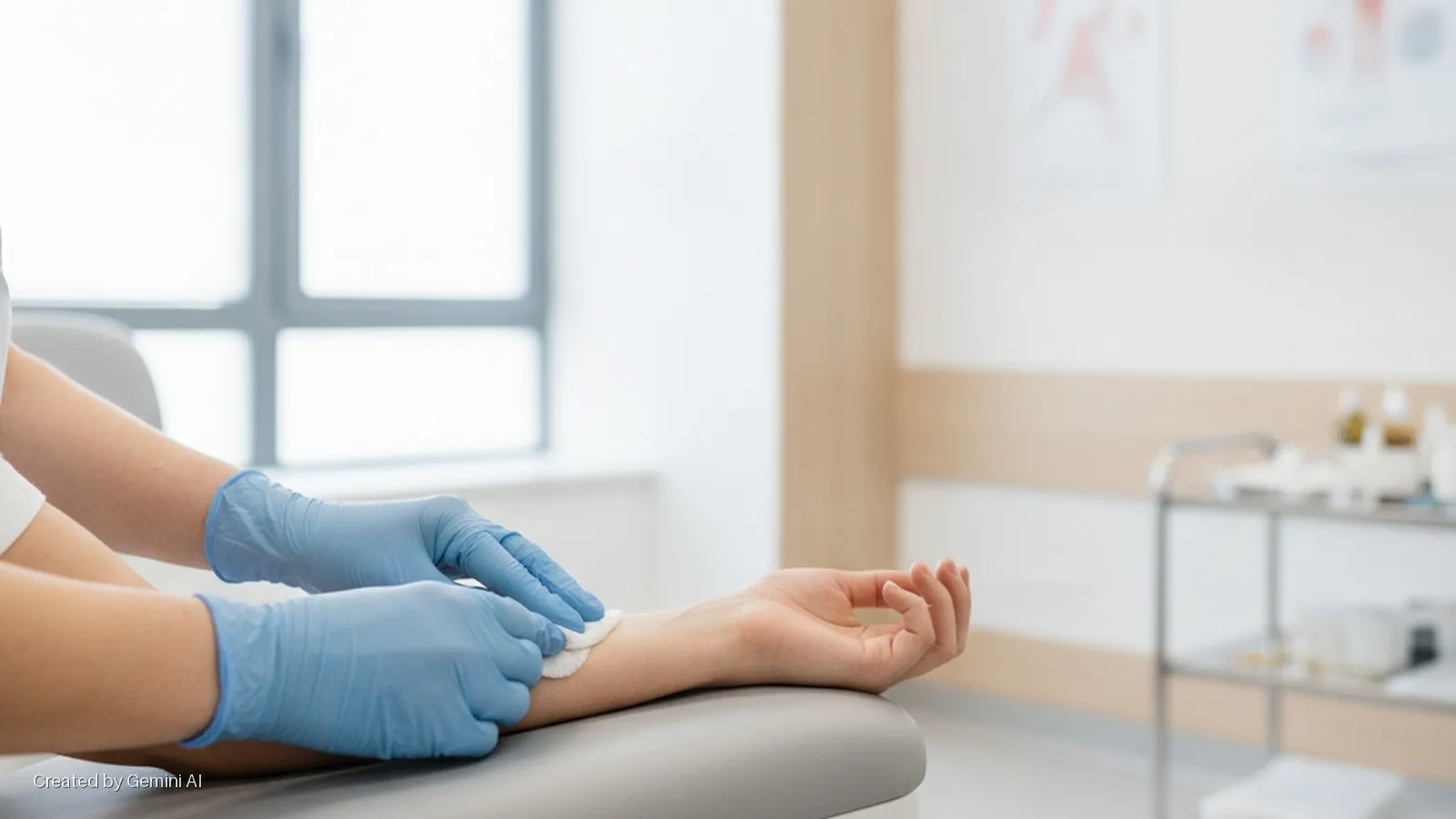 A person in blue medical gloves wipes a patient's forearm with a cotton swab on an examination chair in a bright medical room with a large window and a blurred supply cart.