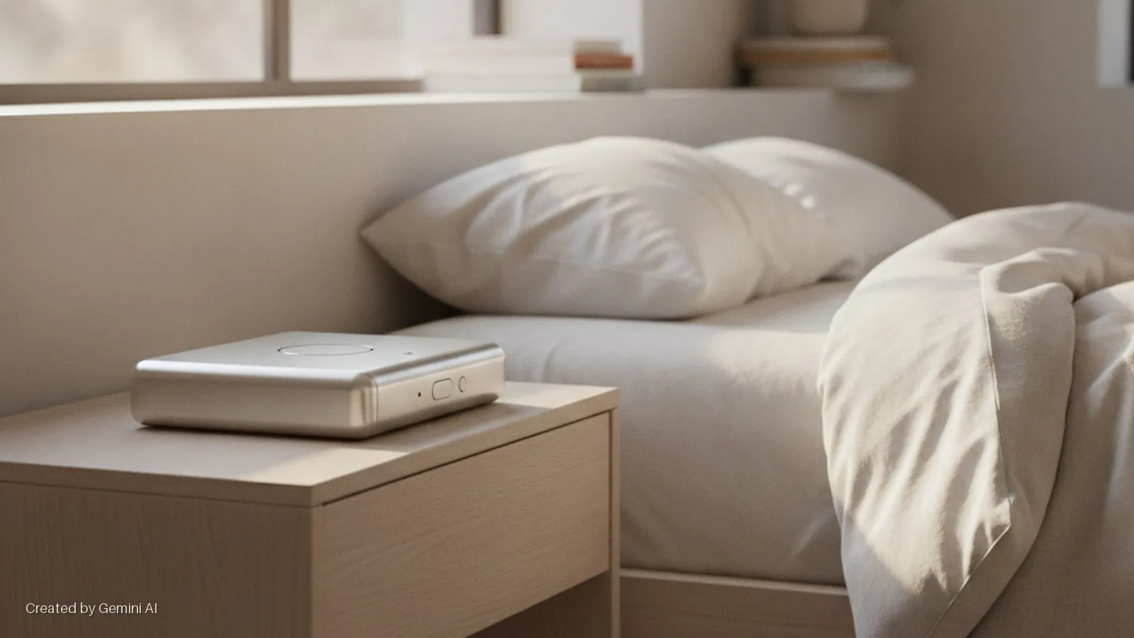 A sleek silver rectangular device rests on a light wood nightstand beside a white-linened bed, bathed in soft natural light from a window.