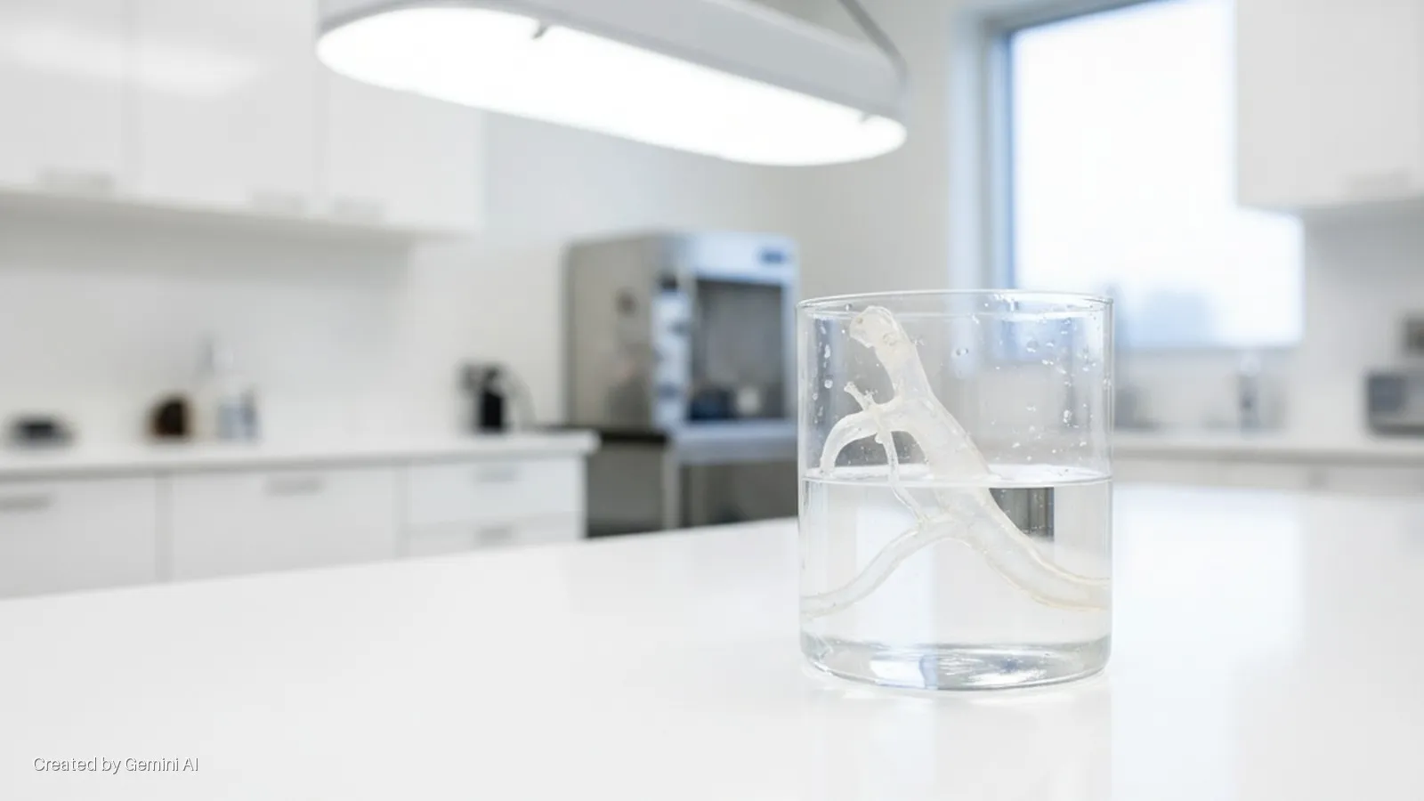 A clear glass with a submerged, translucent anatomical model sits on a white countertop in a brightly lit modern laboratory.