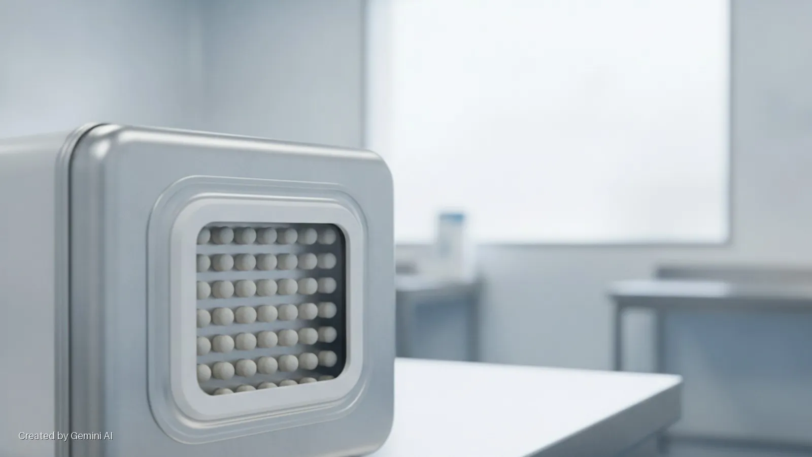 A silver-gray rounded device with a grid of white spherical objects rests on a white table in a brightly lit, sterile room with a blurred window.
