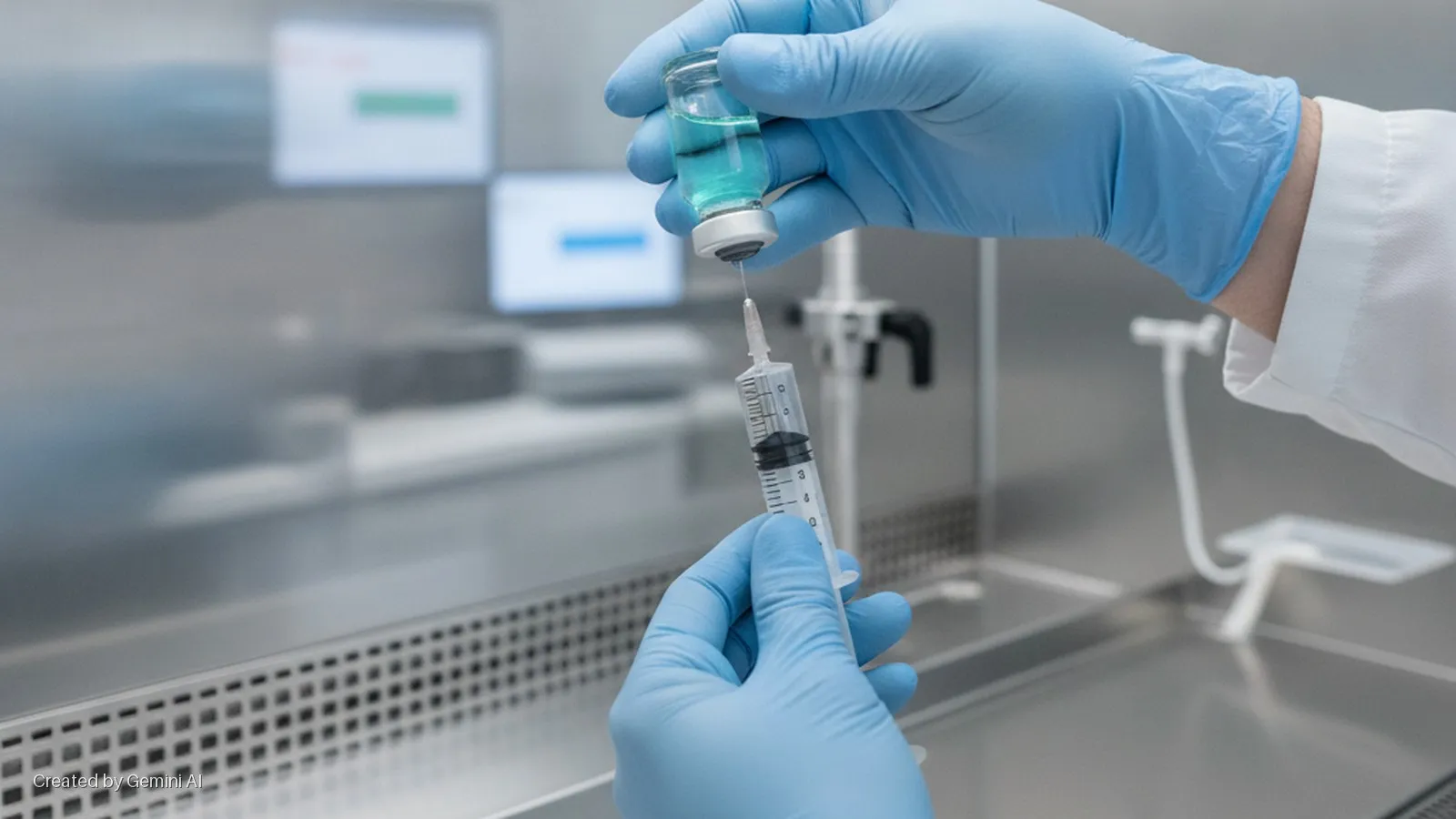 A gloved hand in a lab coat draws blue liquid from a small glass vial into a syringe, set in a brightly lit, sterile laboratory environment with digital screens and metallic surfaces in the background.