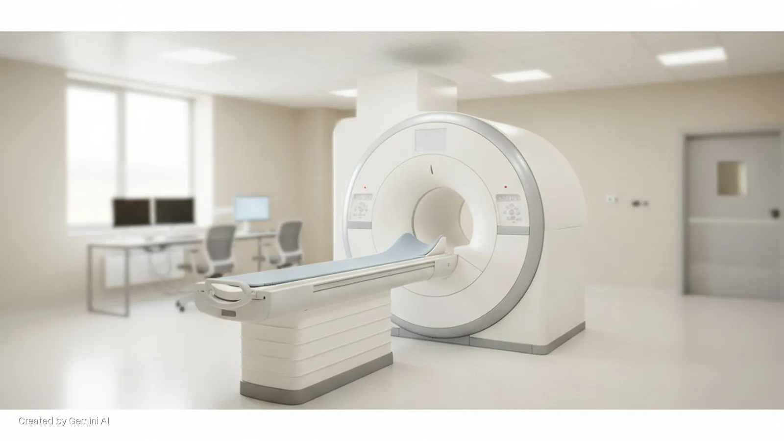 A white MRI machine with an attached patient bed stands in a brightly lit medical room, with computer workstations by a window and a closed door in the background.