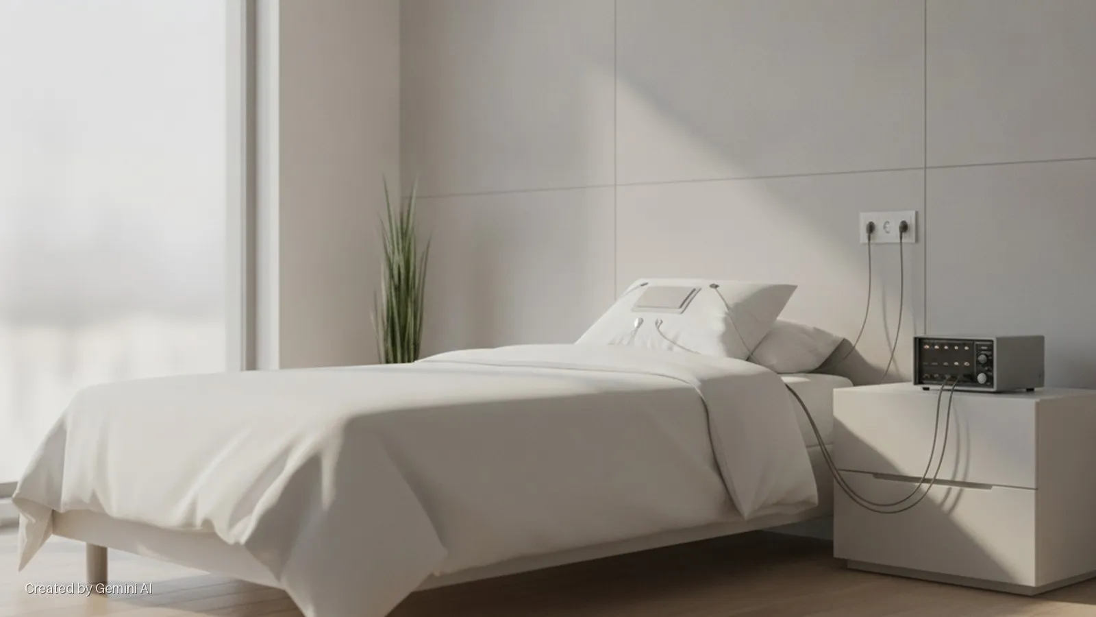 A bright, minimalist room with a white-linened bed, a pillow fitted with sensors, a bedside table holding a scientific instrument connected to wall outlets and the pillow, a tall plant, and a large window letting in natural light that casts