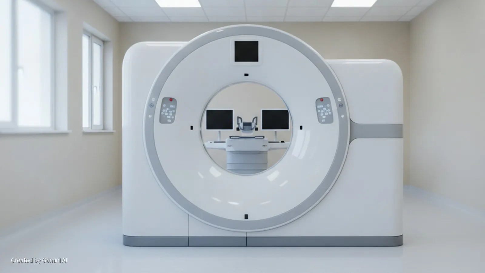 A large, white CT scanner with a patient table, two internal monitors, and two control panels stands in a brightly lit medical examination room with windows.