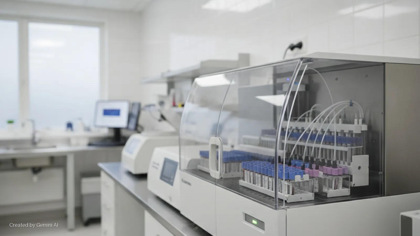 A brightly lit medical laboratory features an automated diagnostic analyzer filled with test tubes, a computer monitor, and a stainless steel sink next to a large window.