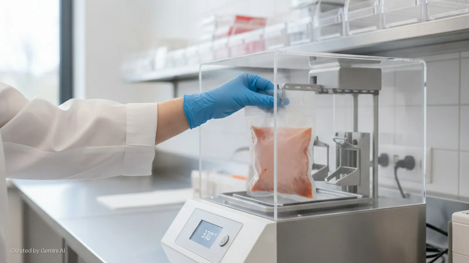 A gloved hand in a white lab coat places a clear plastic pouch filled with reddish contents into a laboratory homogenizer displaying "37.0°C" on its digital screen, set on a stainless steel counter in a brightly lit laboratory.