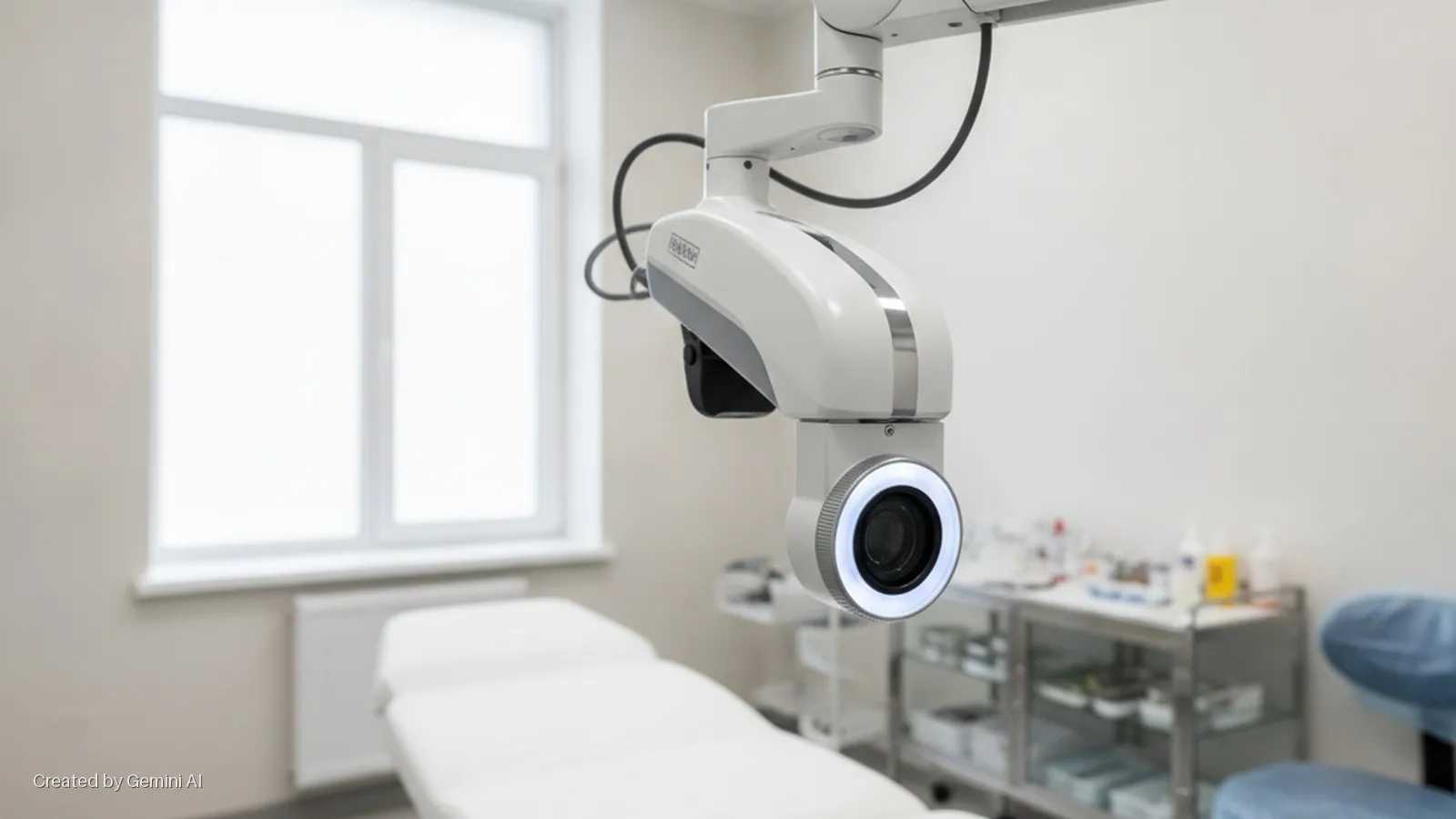 A bright medical examination room features a white ceiling-mounted surgical light/camera with a glowing ring light, a white examination bed, and a medical supply trolley, all illuminated by natural window light.