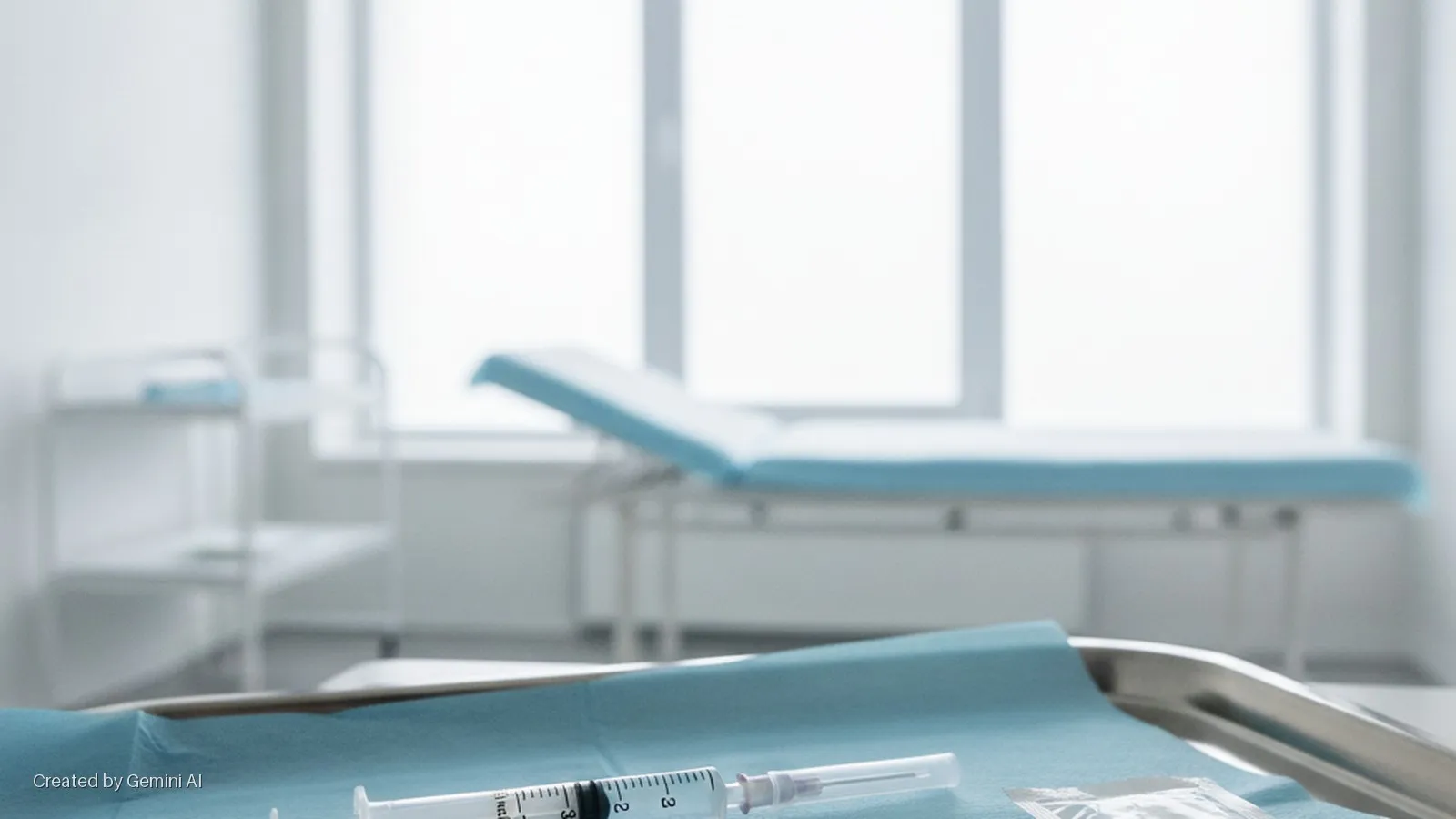 A syringe rests on a blue medical cloth in a metal tray in the foreground of a brightly lit examination room with an examination table and large windows in the background.