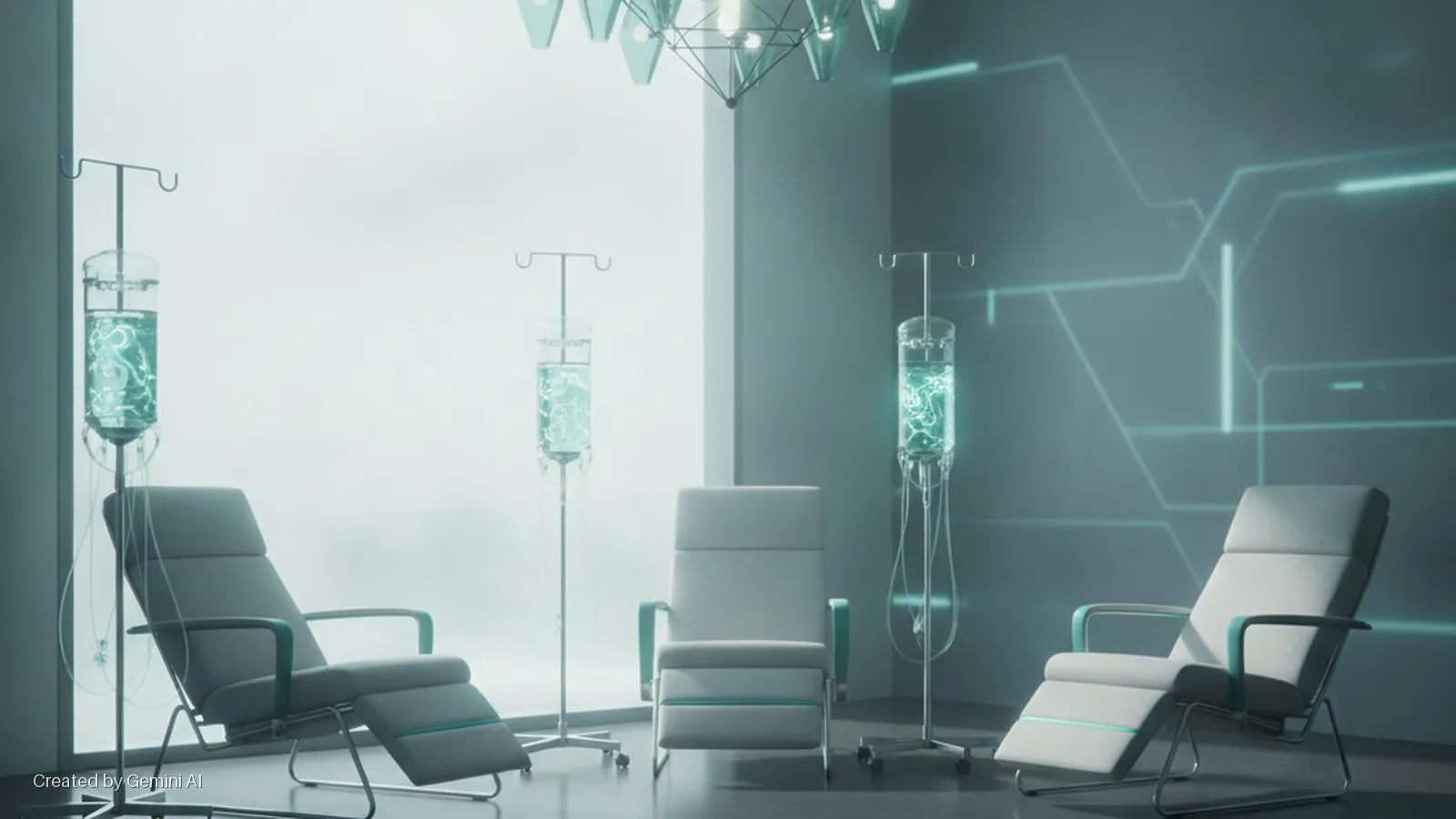 A brightly lit, futuristic room features two recliners, a central armchair, three IV drip stands with glowing green liquid, a geometric chandelier, and neon blue circuit patterns on the back wall.