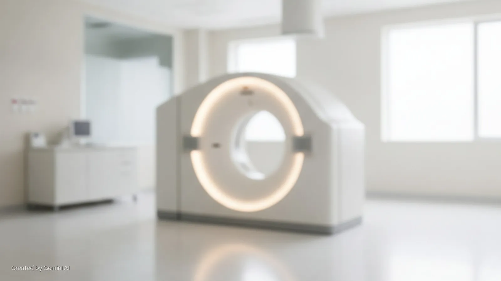 A brightly lit medical imaging room features a large, light gray CT scanner with an illuminated circular opening, a medical cabinet with a monitor, and windows in the background.