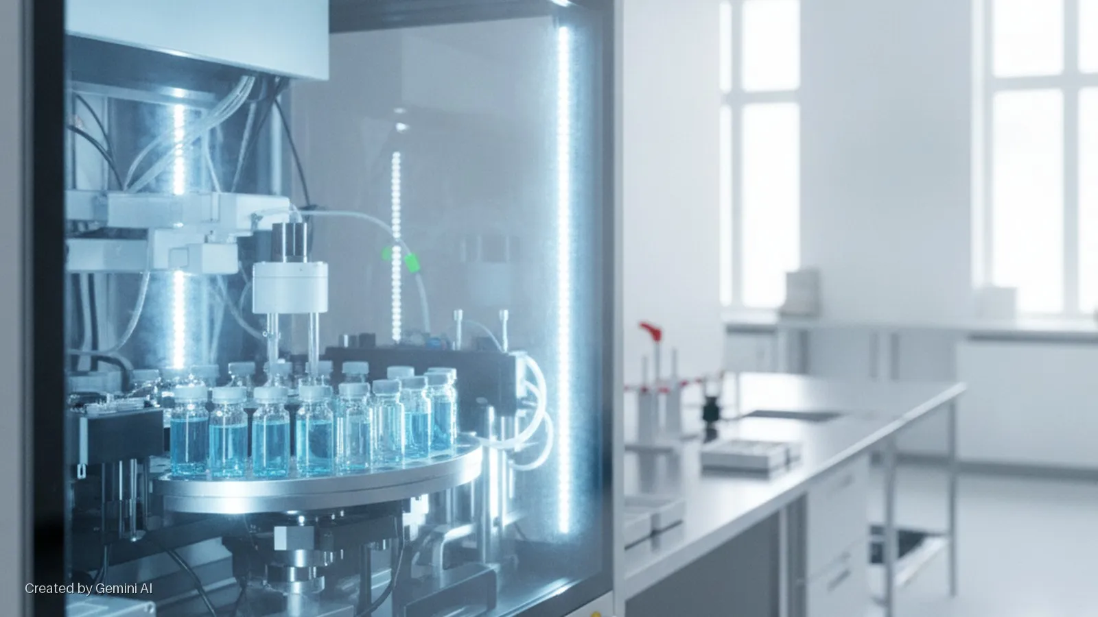 An automated laboratory machine, illuminated by bright blue internal lights, features glass vials filled with blue liquid on a rotating platform, positioned on a clean metallic lab bench in a brightly lit room with windows.