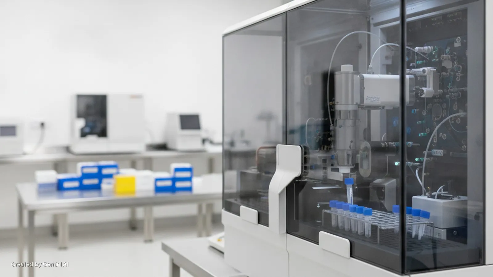 A brightly lit, modern laboratory features an automated scientific instrument with a clear cover displaying test tubes and internal components in the foreground, while blurred lab equipment and colorful supply boxes rest on stainless steel 