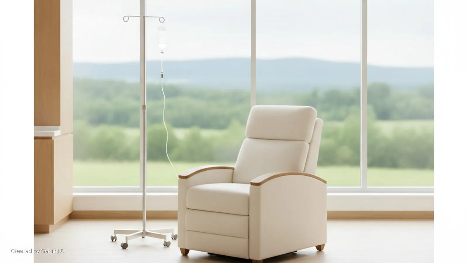 A bright room features an IV pole with a hanging bag, a beige recliner chair, and light wood cabinets, all illuminated by natural light from a large window overlooking a hilly green landscape.