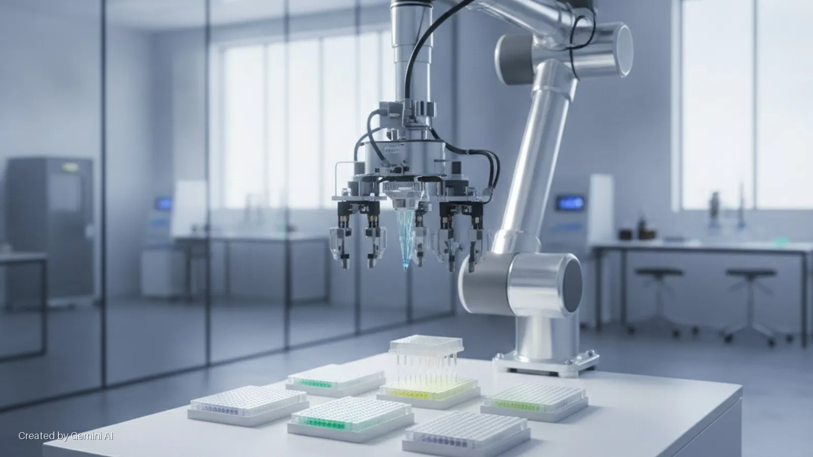 A silver robotic arm with multiple pipetting tools drips liquid into microtiter plates on a white table in a brightly lit, clean laboratory with large windows and glass walls.
