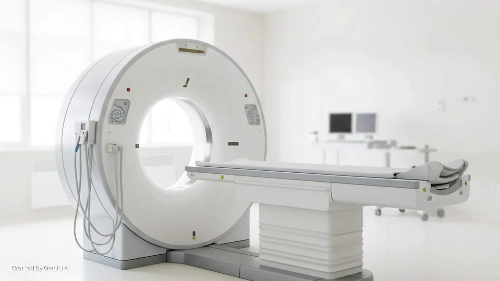 A brightly lit, modern CT scanner with an attached patient table is positioned in a clean, white medical imaging room with large windows.