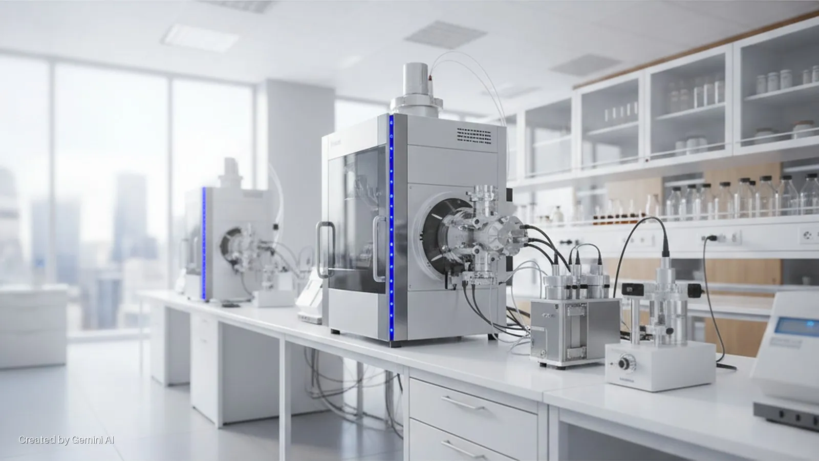A well-lit, modern laboratory setup features a prominent grey and white analytical laboratory instrument with blue lights on a white bench, surrounded by smaller equipment, white cabinets filled with glassware, and large windows overlooking