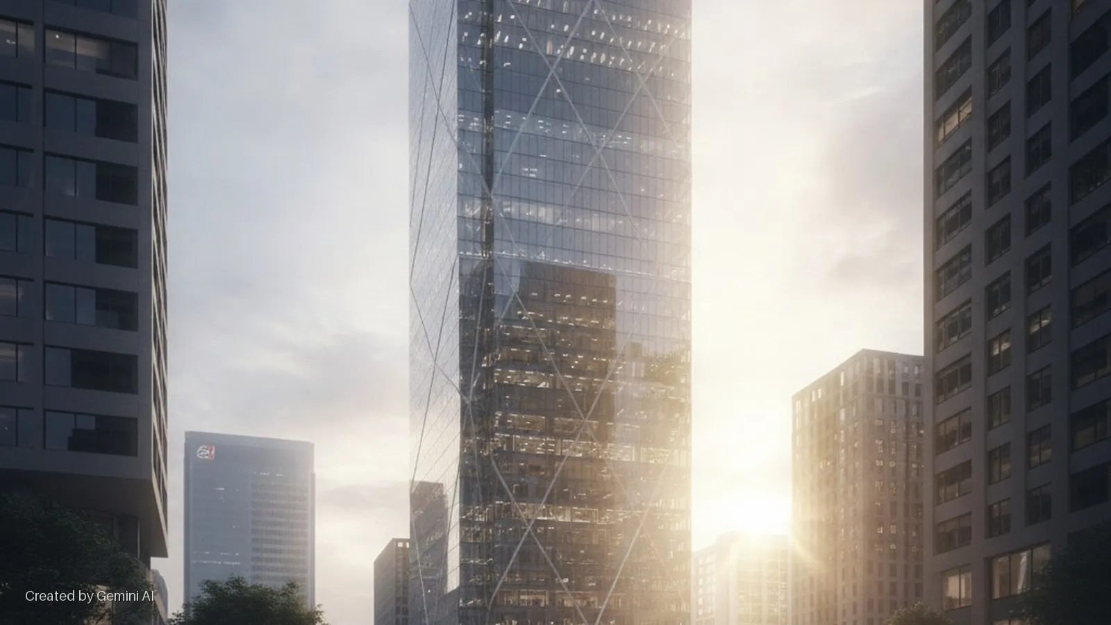 A tall glass skyscraper with a diamond-patterned facade gleams in bright golden hour sunlight, framed by darker high-rise buildings in an urban landscape.